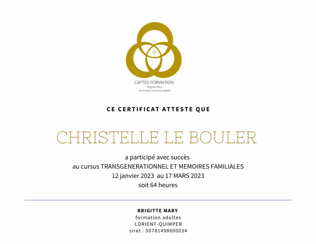 À propos Christelle le bouler thérapeute psychocorporelle certificat de reussite cursus transgénérationnel et mémoires familiales