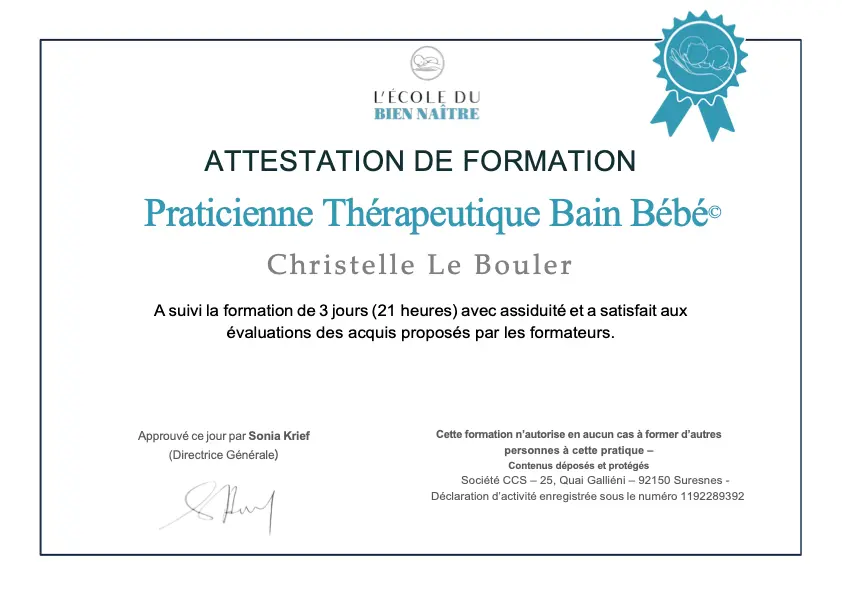 À propos Christelle le bouler thérapeute psychocorporelle attestation de formation praticienne thérapeutique bain bébé