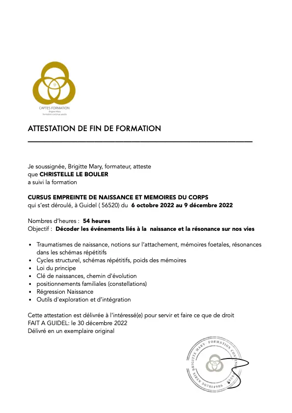 À propos Christelle le bouler thérapeute psychocorporelle attestation de fin de formation soumettant les détails de la formation