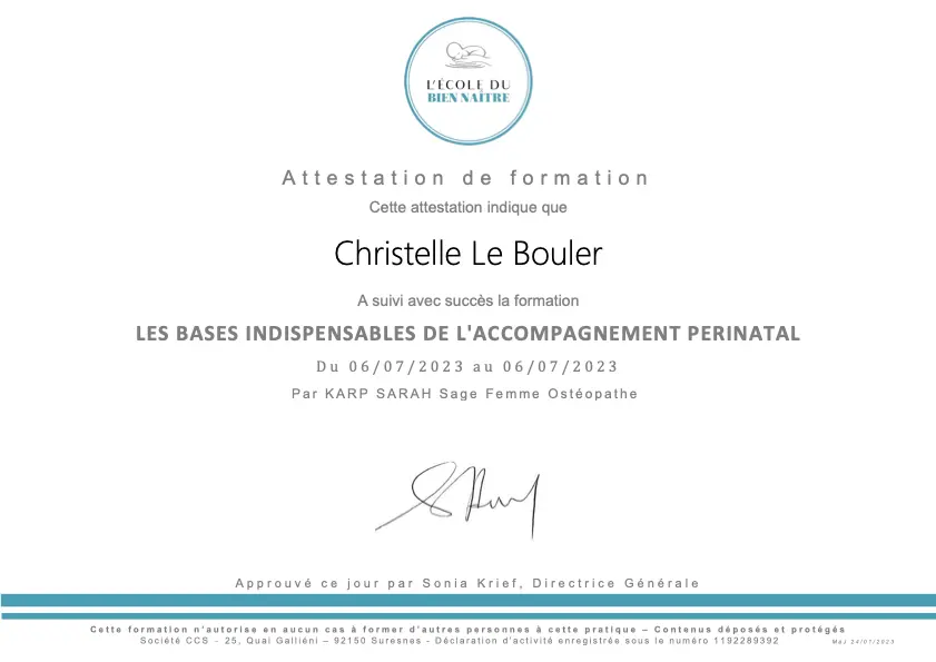 À propos Christelle le bouler thérapeute psychocorporelle attestation de formation sur les indispensables de l'accompagnement périnatal