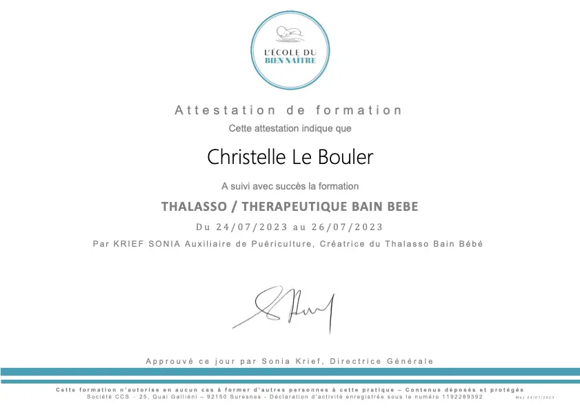 À propos Christelle le bouler thérapeute psychocorporelle à Quéven certificat thalasso et thérapeutique bain bébé